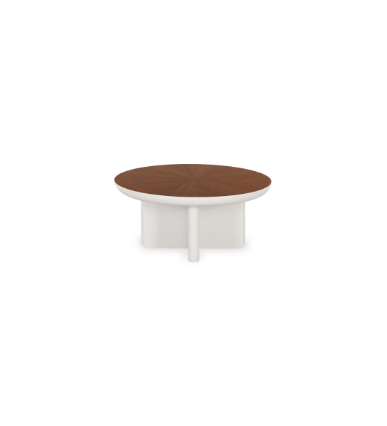 Table basse Monaco en laque perle avec plateau en placage de noyer naturel, Ø 75 cm.