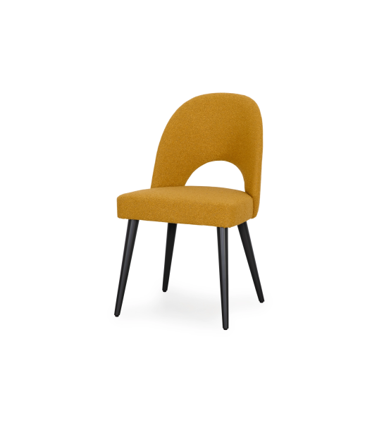 Chair upholstered in yellow fabric, black lacquered feet.