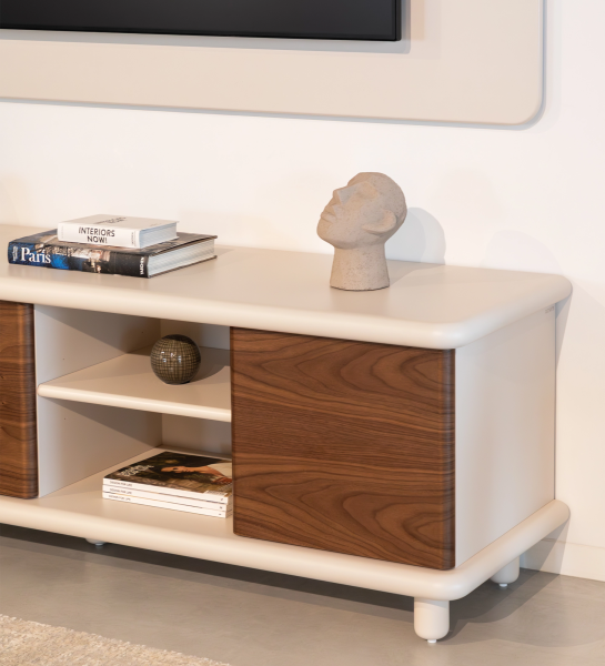 Paris TV stand 3 doors in natural walnut, pearl structure.