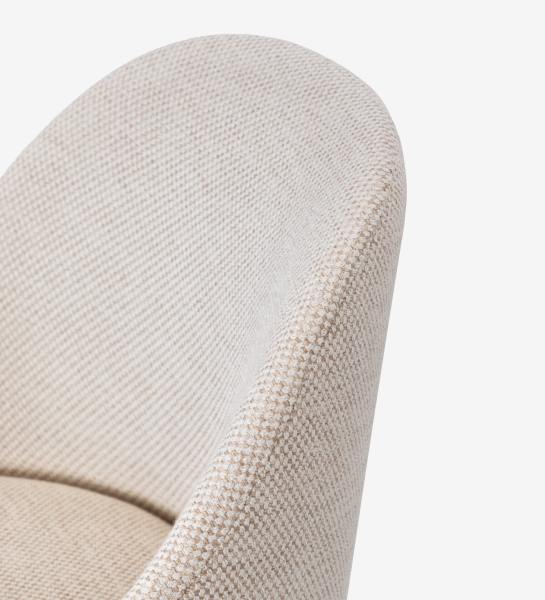 Beige fabric upholstered swivel chair with pearl lacquered feet and gold detailing.