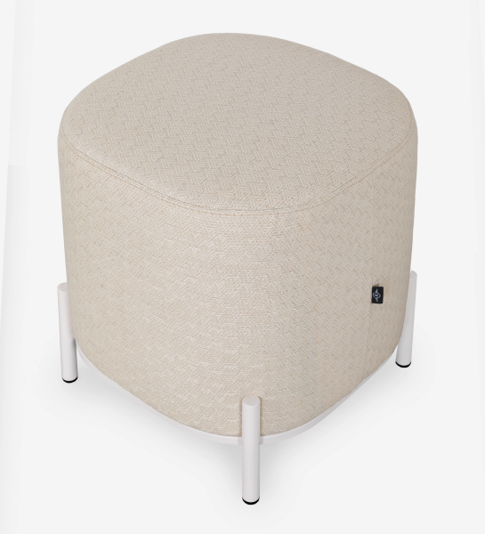 Cannes square puff, upholstered in beige fabric, pearl lacquered metallic feet, 38 x 38 cm.