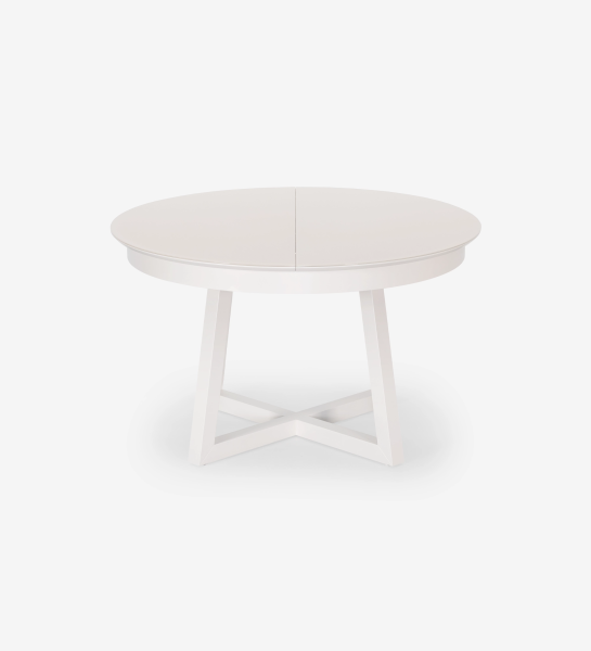 Round extendable dining table in pearl lacquer with glass top and pearl lacquer extension.