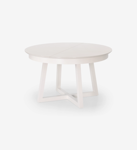 Round extendable dining table in pearl lacquer with glass top and pearl lacquer extension.