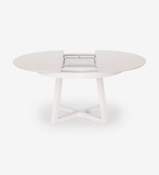 Round extendable dining table in pearl lacquer with glass top and pearl lacquer extension.