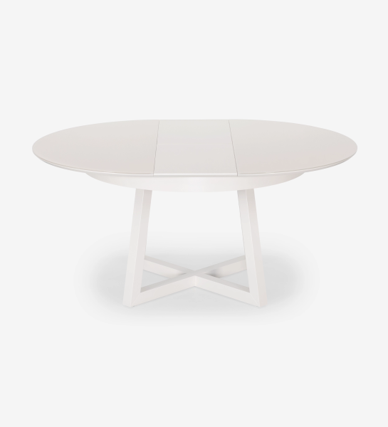 Round extendable dining table in pearl lacquer with glass top and pearl lacquer extension.