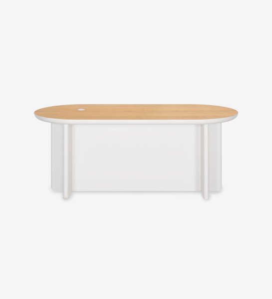 Desk with natural oak top and pearl lacquer legs.