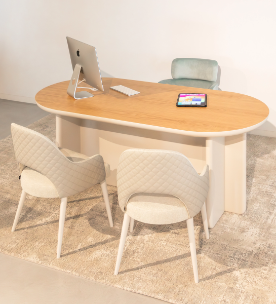Desk with natural oak top and pearl lacquer legs.