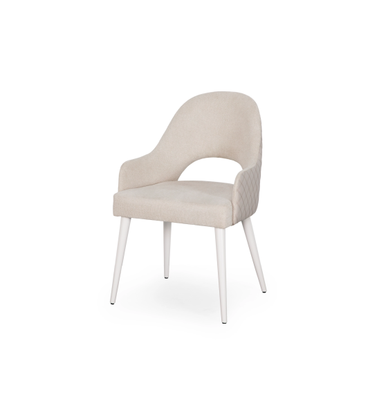 Chaise avec accoudoirs tapissés de tissu beige, avec pieds en laque perle. 