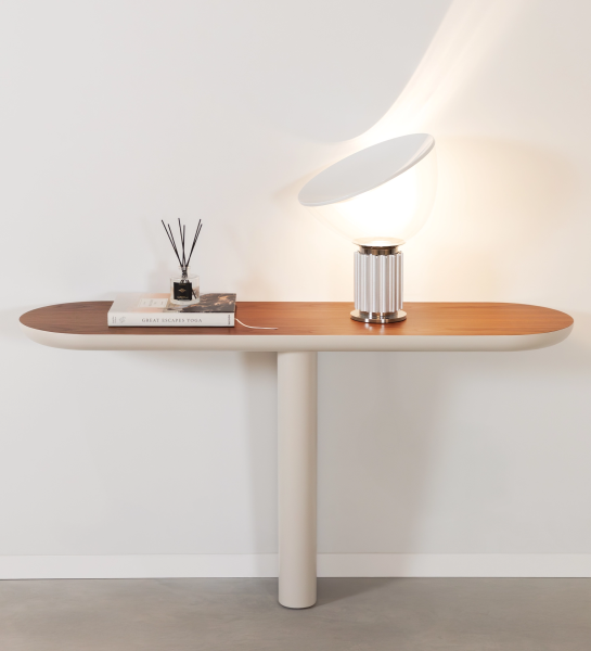 Console with natural walnut top and pearl lacquered foot