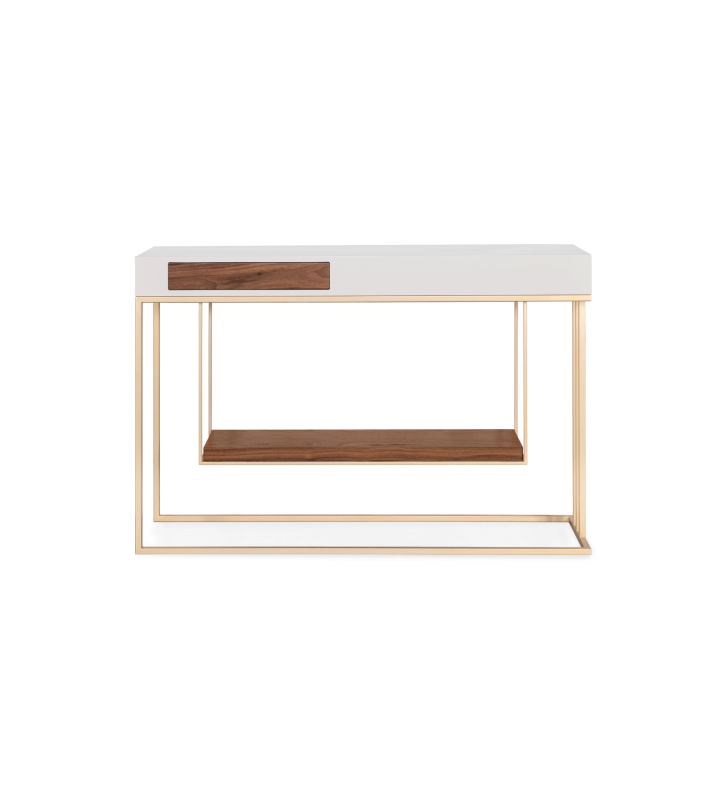 Console with 1 drawer and shelf in natural walnut, pearl lacquered structure and golden metal base.