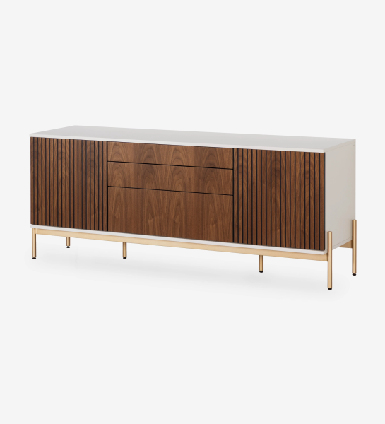 Sideboard with 2 friezes doors, 1 hinged door and two natural walnut drawers, pearl structure and gold lacquered metal feet with levelers.