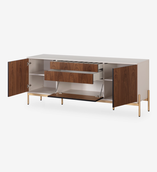 Sideboard with 2 friezes doors, 1 hinged door and two natural walnut drawers, pearl structure and gold lacquered metal feet with levelers.
