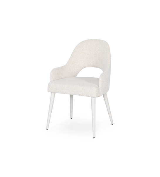 Chair with armrest upholstered in pearl fabric, with pearl lacquer legs.