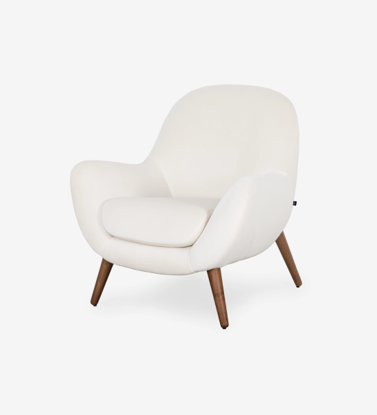 Oslo Armchair in white upholstery with curved back and walnut tapered legs