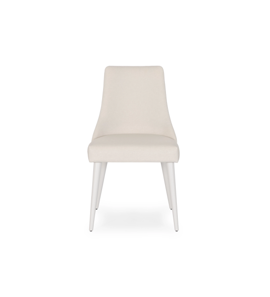 Chaise Oslo rembourré en tissu beige, pieds laqués perle.