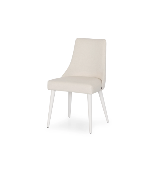 Chaise Oslo rembourré en tissu beige, pieds laqués perle.