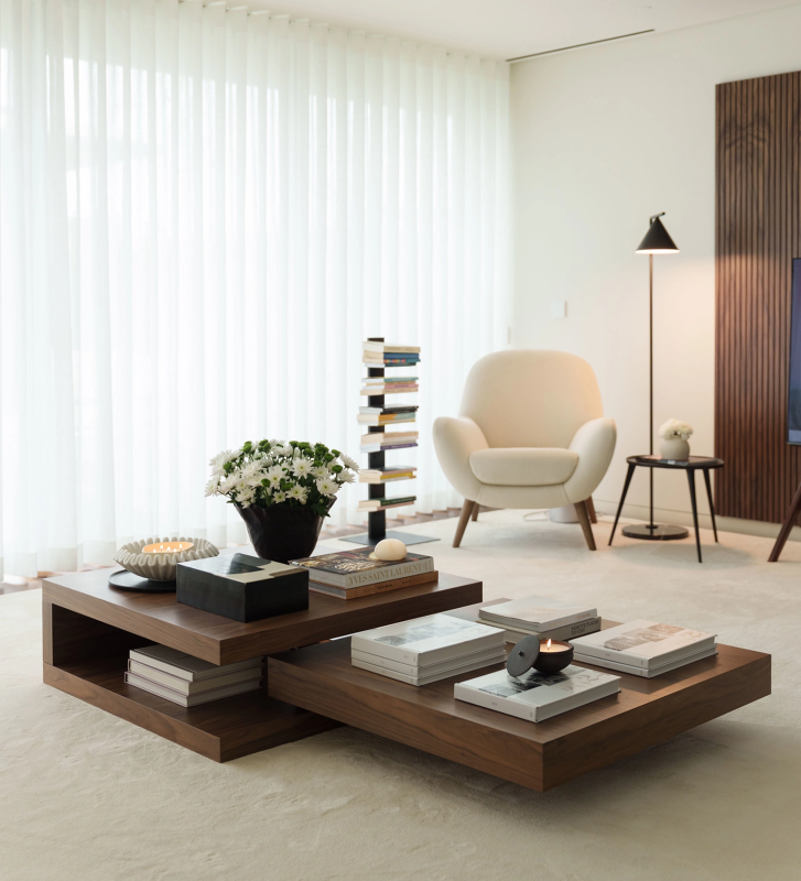 Nice square low center table in natural walnut, 90 x 90 cm.