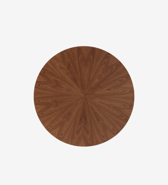 Mesa de jantar Geneve redonda Ø 130 cm, tampo espinhado e pé em nogueira natural, pormenor do tampo lacado a pérola.