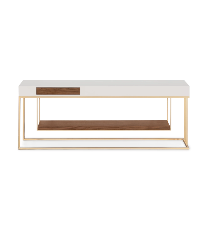 Consola de doble cara, con cajón a cada lado y estante de nogal natural, estructura lacada perla y pie de metal lacado dorado.