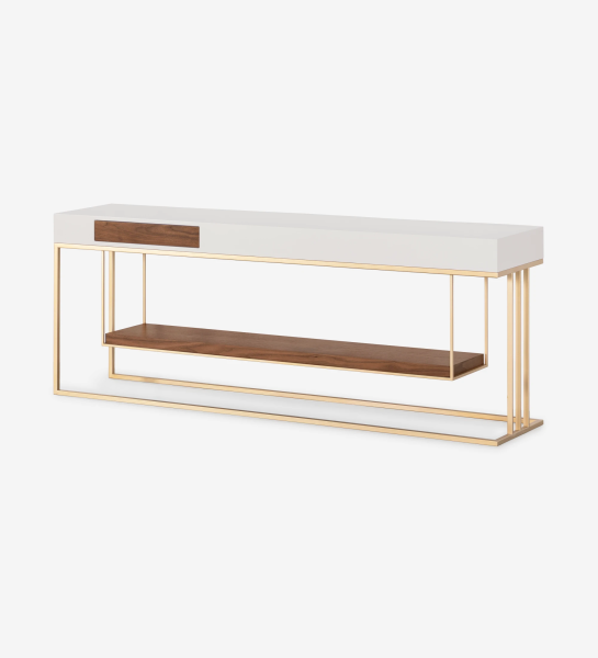 Consola de doble cara, con cajón a cada lado y estante de nogal natural, estructura lacada perla y pie de metal lacado dorado.