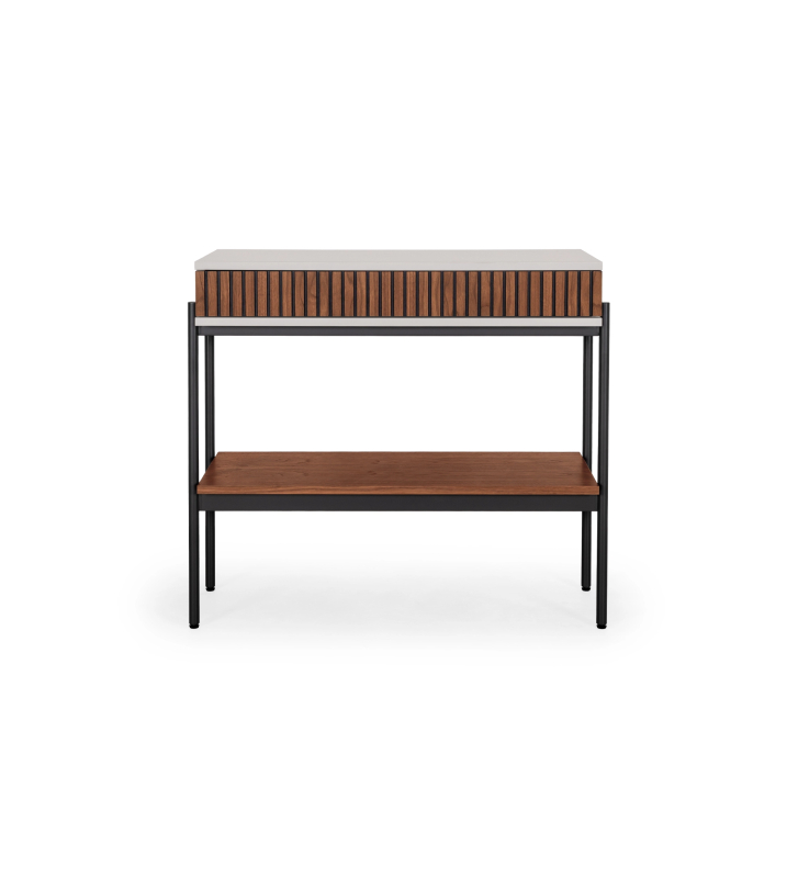 Console with drawer and shelf in natural walnut, pearl structure and black lacquered metal feet with levelers.