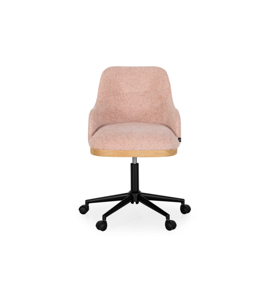 Swivel chair upholstered in pink fabric with detail in natural oak