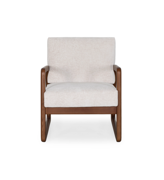 Antarte by AI Armchair upholstered in pearl fabric, structure in walnut colored wood.