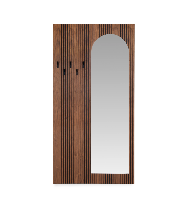 Panel for entrance hall in natural walnut with friezes, with mirror, hooks in black.