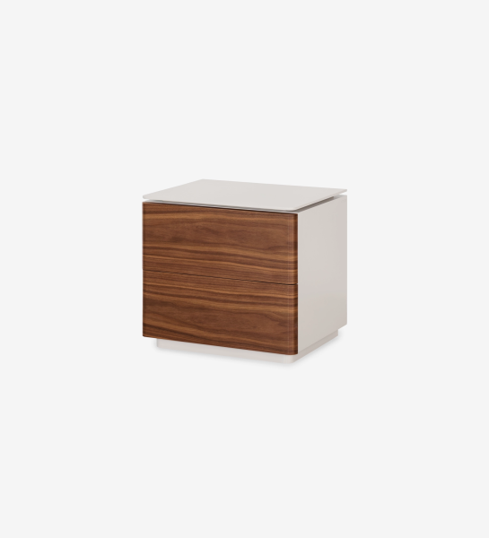 Bedside table with 2 drawers in natural walnut, pearl lacquered frame.