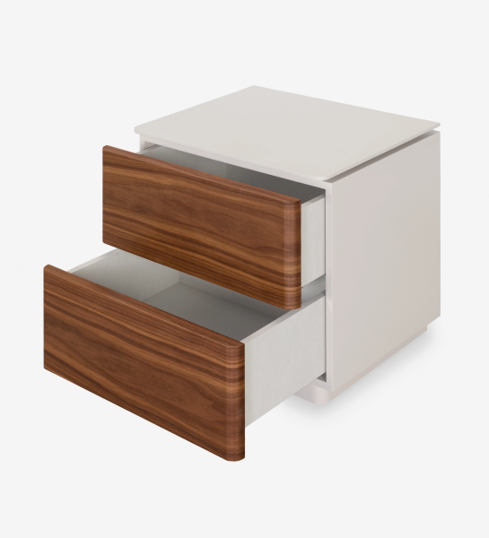 Bedside table with 2 drawers in natural walnut, pearl lacquered frame.