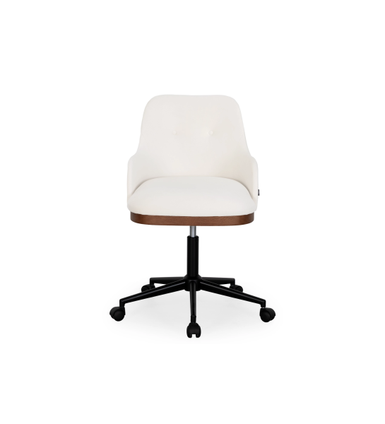 Swivel executive chair, upholstered in white fabric, with walnut detail.