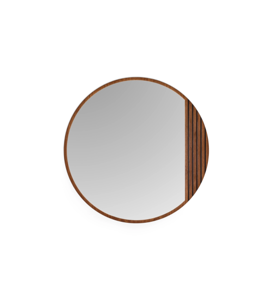 Round mirror with friezes in natural walnut