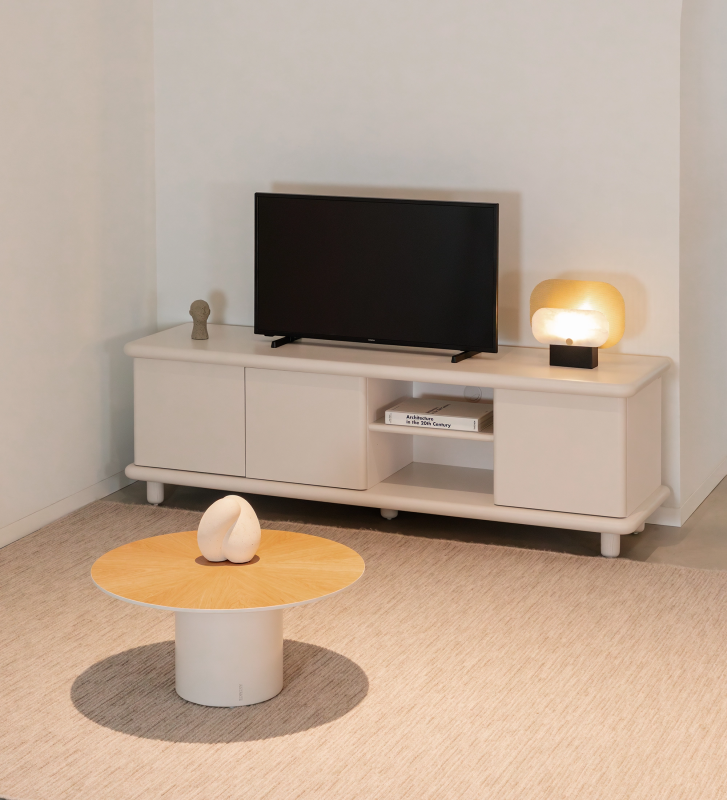 Paris round center table, natural oak top, pearl lacquered foot, Ø 75 cm.