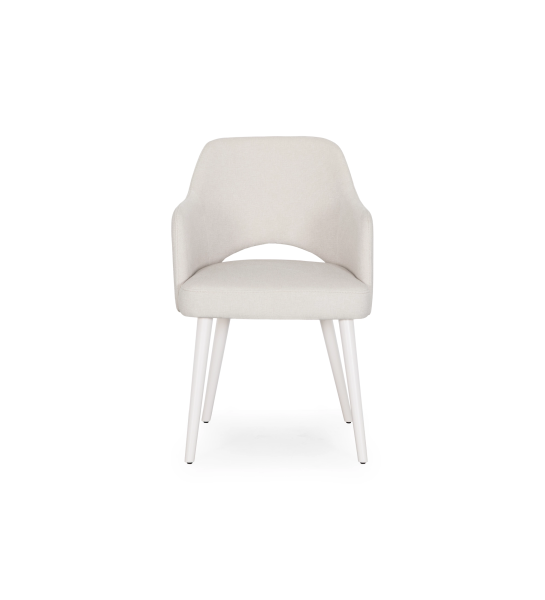 Chaise avec accoudoirs rembourrée de tissu perle et pied laqué perle.