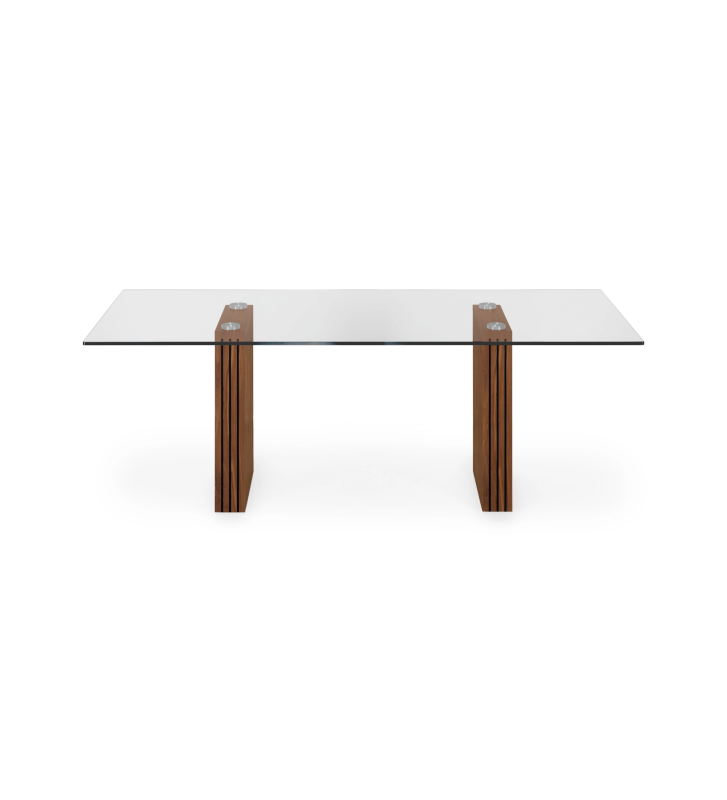 Table de repas rectangulaire Cannes 200 x 98 cm, plateau en verre, pieds en noyer naturel à frises.
