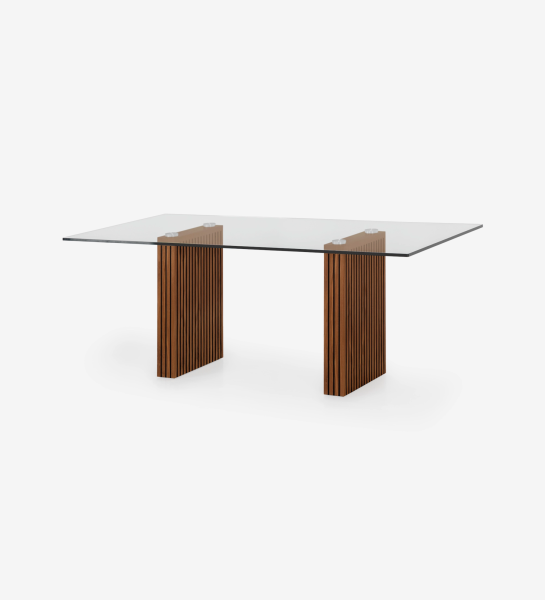 Cannes rectangular dining table 200 x 98 cm, glass top, natural walnut slatted feet.