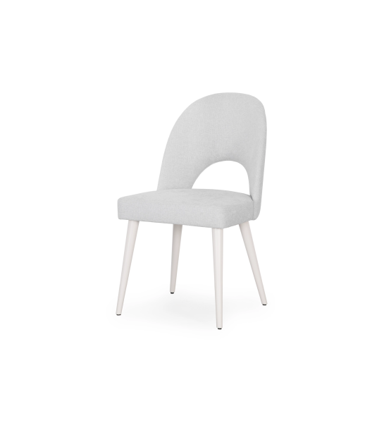 Chaise rembourré en tissu gris, pieds laquée perle.