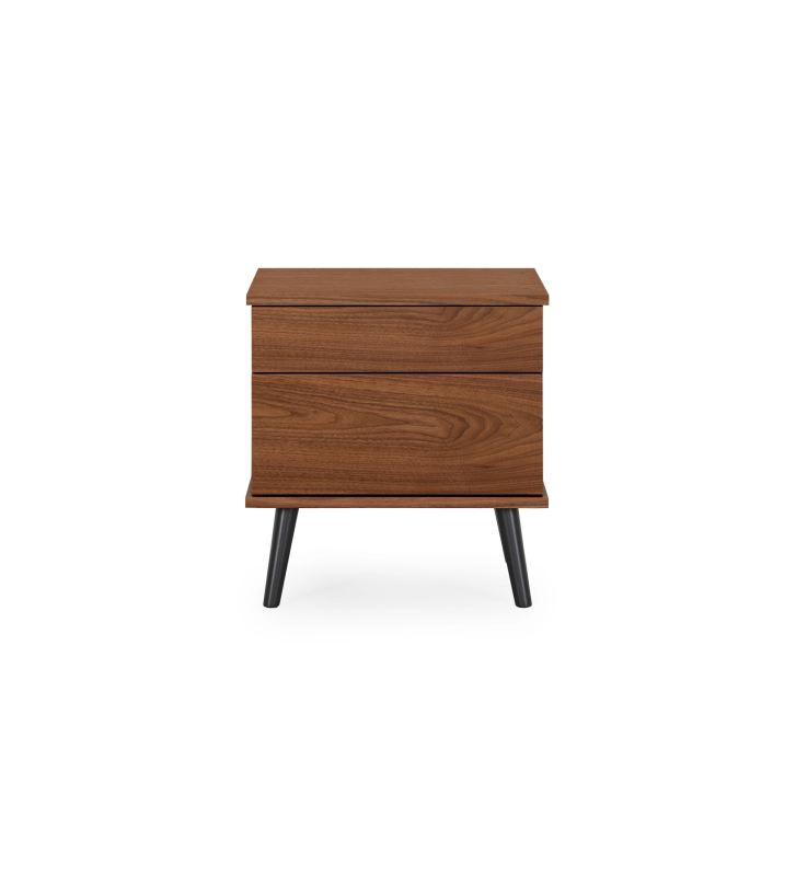 Mesa de cabeceira Oslo 2 gavetas e estrutura em folha de nogueira natural, pés lacados a negro, 55 x 57,5 cm.