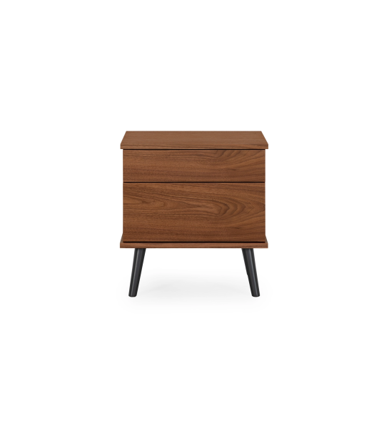 Oslo bedside table with 2 drawers and structure in natural walnut veneer. Black lacquered legs. Dimensions: 55 x 57.5 cm.