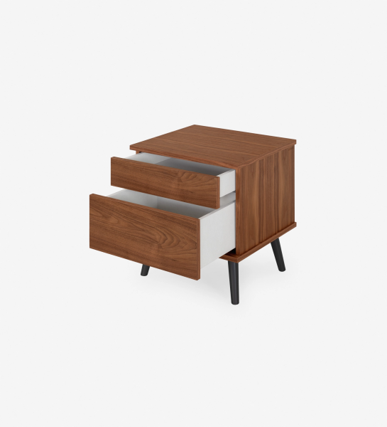 Oslo bedside table with 2 drawers and structure in natural walnut veneer. Black lacquered legs. Dimensions: 55 x 57.5 cm.