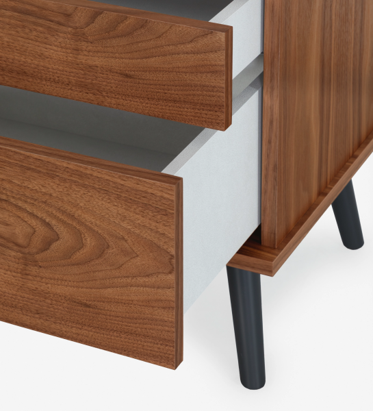 Oslo bedside table with 2 drawers and structure in natural walnut veneer. Black lacquered legs. Dimensions: 55 x 57.5 cm.