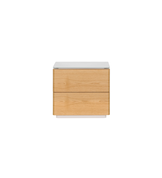 Bedside table with 2 drawers in natural oak, pearl lacquered frame and glass top.