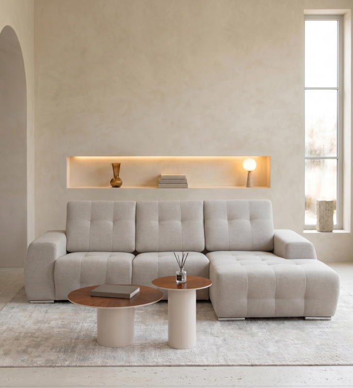 Canapé Madrid 2 places et chaise longue droite, recouvert en tissu gris, 287 cm.