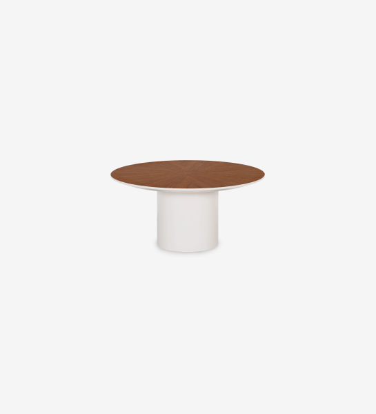 Mesa de centro Paris redonda , tapa en nogal natural, pie lacado perla, Ø 75 cm.