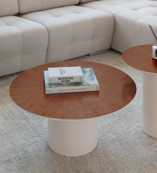 Mesa de centro Paris redonda , tapa en nogal natural, pie lacado perla, Ø 75 cm.