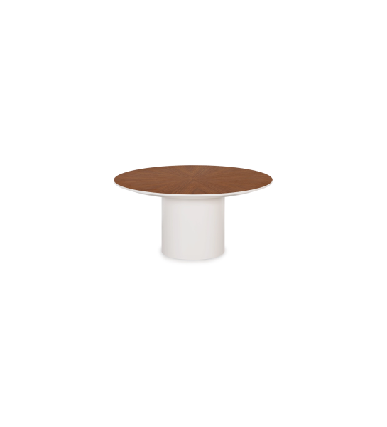Table basse Paris ronde, plateau en noyer naturel, pied laqué perle, Ø 75 cm.