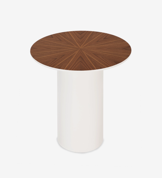 Paris round side table, natural walnut top, pearl lacquered foot, Ø 48 cm.