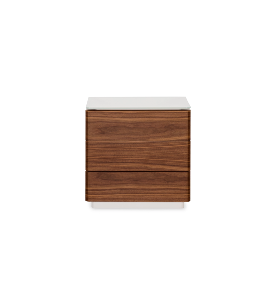 Bedside table with 3 drawers in natural walnut, pearl-lacquered structure and glass top. 