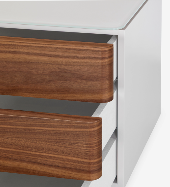Bedside table with 3 drawers in natural walnut, pearl-lacquered structure and glass top. 