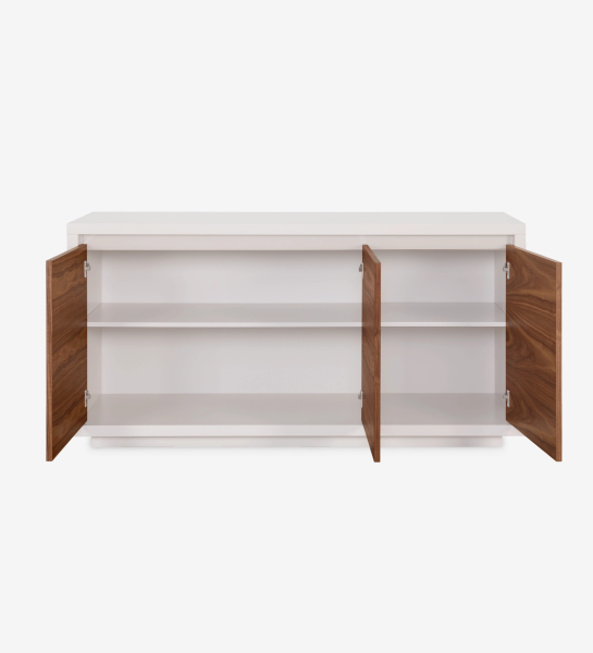 Sideboard with 3 doors in natural walnut, pearl lacquered structure, and pearl glass detail.